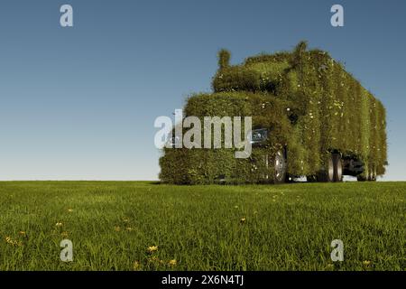 Umweltfreundliches Transportkonzept. 3D-Darstellung eines grünen Lkws auf einer frischen Frühlingswiese mit blauem Himmel im Hintergrund - 3D-Darstellung Stockfoto