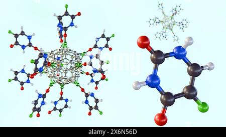 3D-Rendering von Alkali-Metall-dekorierten C60-Fullerenen zur Abgabe des 5-Fluorouracil-Antikrebsmedikaments Stockfoto