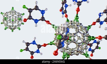 3D-Rendering von Alkali-Metall-dekorierten C60-Fullerenen zur Abgabe des 5-Fluorouracil-Antikrebsmedikaments Stockfoto