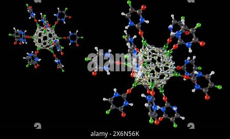 3D-Rendering von Alkali-Metall-dekorierten C60-Fullerenen zur Abgabe des 5-Fluorouracil-Antikrebsmedikaments Stockfoto