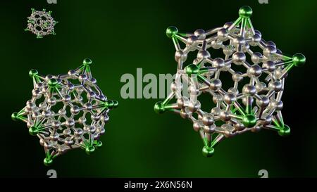 3D-Darstellung von Alkali-Metall-verzierten Fullerenen. Ein effizientes Speichermedium für Wasserstoff Stockfoto