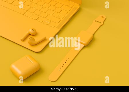 Computer-Tablet aus Aluminium mit Eingabestift, Smart Watch, Telefon und Kopfhörern auf monochromem Hintergrund. 3D-Renderkonzept der kreativen Designerausrüstung und Stockfoto