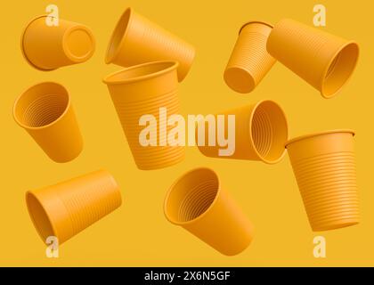 Set aus Kunststoff Einweg-Partybecher isoliert auf monochromem gelbem Hintergrund. 3D-Rendering von Take Away Glas für Saft, frisch, Bier Stockfoto