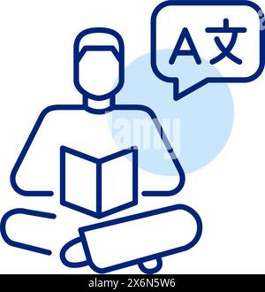 Ein Mann liest ein Buch mit Sprachsymbolen, Sprechblase. Lernen von Sprachen durch Lehrbücher. Pixelperfektes, bearbeitbares Konturvektorsymbol Stock Vektor