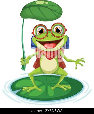 Bunter Frosch, der einen Blattschirm hält, auf dem Wasser steht Stock Vektor