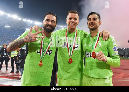 Rom, Italien. Mai 2024. Carlo Pinsoglio von Juventus, Wojciech Szczesny von Juventus, Mattia Perin von Juventus während des Finalspiels zwischen Atalanta und Juventus im Olympiastadion, Italien, 15. Mai 2024. Mattia Vian im Finale - Juventus FC gegen Atalanta BC, italienisches Fußballspiel Coppa Italia in Rom, Italien, 15. Mai 2024 Credit: Independent Photo Agency/Alamy Live News Stockfoto