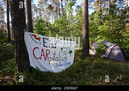 16. Mai 2024, Brandenburg, Grünheide: Frühmorgendlicher Blick auf das Protestlager Tesla. Der gemeinderat Grünheide wird Ausbaupläne für den US-Elektroaugenhersteller Tesla in der Müggelspreehalle im Landkreis Hangelsberg erörtern. Foto: Jörg Carstensen/dpa Stockfoto