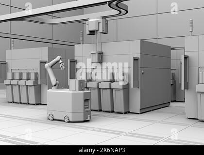 Tonwiedergabe von Semiconduct Wafer Cleaning, Ätzsystem und OHT, AGV im Fab-Reinraum. Allgemeines Design. 3D-Rendering-Bild. Stockfoto
