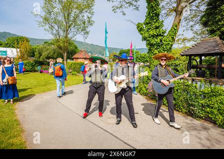 Extravagante Wandermusiker unterhalten die Menschenmassen beim RHS Malvern Spring Festival auf dem Three Counties Showground in Malvern Stockfoto