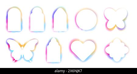 Y2K Aura Rahmen abstrakter Bogen, Unschärfe Formen, Grenzen, Regenbogenspektrum Glanz Farbe isoliert auf weißem Hintergrund. . Vektorabbildung Stock Vektor