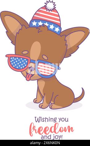 Niedlicher Hund chihuahua mit Hut und Brille in Farben amerikanische Flagge. Lustige, patriotische Kawaii-Tierfigur. Karte zum Unabhängigkeitstag am 4. juli. Vec Stock Vektor