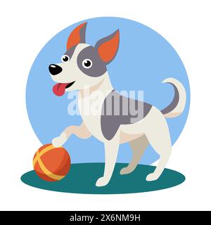 Zeichentrickhund. Aktives Haustier, Welpe mit Ball Stock Vektor
