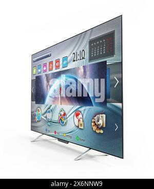 Smart TV mit fiktiver Benutzeroberfläche, isoliert auf weißem Hintergrund. 3D-Abbildung. Stockfoto