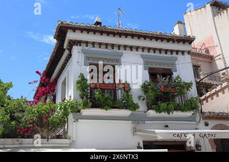 Fassade mit wunderschönen Ornamenten im Viertel Albaicin in Granada, Spanien. Stockfoto