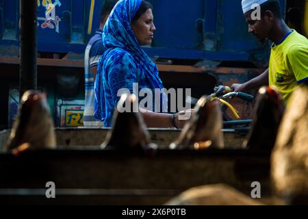 In Jatrabari, Dhaka, Bangladesch, sind die Händler mit Aktivitäten beschäftigt und verkaufen am frühen Morgen Fisch auf dem geschäftigen Fischgroßmarkt. Dieses Bild war Cap Stockfoto