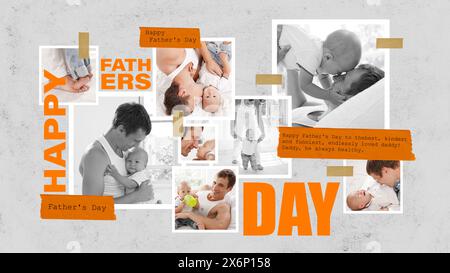 Vater und sein Baby in verschiedenen liebevollen und spielerischen Momenten. Orangene Typografie und handgeschriebene Notizelemente. Kreatives Konzeptdesign. Glücklicher Vater Stockfoto