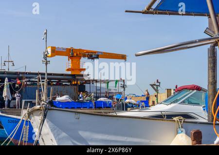 Jaffa, Israel - 10. Mai 2024: Blick auf Fischerboote und einen Kran im historischen Hafen von Jaffa, heute Teil von Tel-Aviv-Yafo, Israel Stockfoto