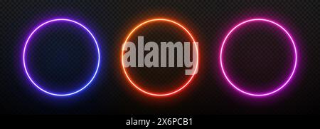 Neonlicht, runder Rahmen. Verlaufskreis mit LED-Leuchten. Laserheller Ring. Fluoreszierendes elektrisches Portal auf schwarzem Hintergrund. Satz von Kugelvorlagen für die Konstruktion mit Text. Stock Vektor