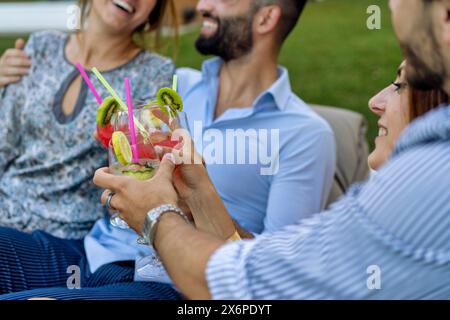 Eine Gruppe von Freunden, die im Freien mit bunten Cocktails toasten und sich auf ein zwangloses und unterhaltsames Sommertreffen freuen. Freundschaft, Lachen und erfrischende Getränke, Stockfoto