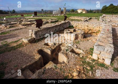 Taufbecken der Basilika Son Peretó des paläochristlichen Kultes, archäologische Stätte Son Peretó, Manacor, Mallorca, Balearen, Spanien. Stockfoto