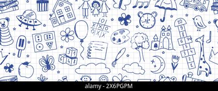 Nahtloses Muster mit Kindertageskritzel. Buch, Hopscotch, Spielzeug, Blume, Regenschirm, Haus, Uhr und andere Elemente. Mit Kreidestruktur gekritzelt. Stock Vektor