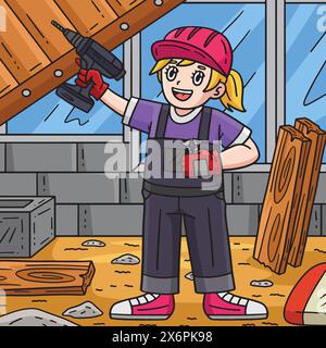 Bauarbeiter mit einem Handbohrer farbig Stock Vektor