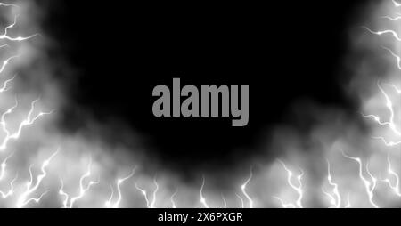 Weißer Rauch mit Blitzen abstrakter Hintergrund, Blitz und Dampf, Blitz im Nebel. Stock Vektor