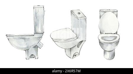 Toiletten sind weiß, in verschiedenen Formen, in Aquarellen für Werbung, Inneneinrichtung gestrichen Stockfoto