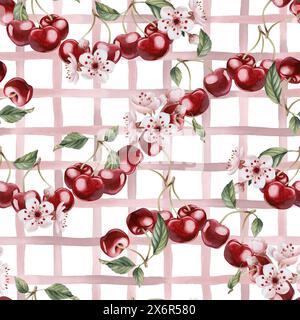 Kirschbeeren mit Blumen und Blättern, Aquarellrot kariertes nahtloses Muster auf weißem Hintergrund mit Frühlingsblüte für Tischtextil, Sommer fa Stockfoto