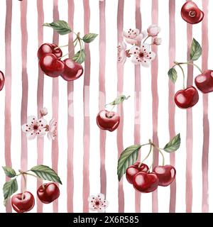 Kirschbeeren mit Blumen und Blättern, Aquarellrot gestreiftes nahtloses Muster auf weißem Hintergrund mit Frühlingsblüte für Tischtextil, Sommerfabr Stockfoto