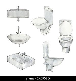 Toiletten und Waschbecken sind weiß, in verschiedenen Formen, in Aquarellen für Werbung, Innenraum gestrichen Stockfoto