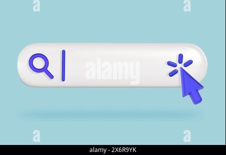 Websuche. Lupensymbol und Mauszeiger auf Suchleiste, 3D-Vektorgrafik der Benutzeroberfläche Stock Vektor