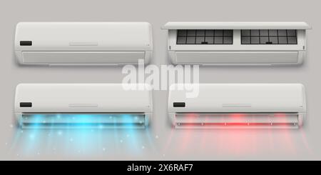 Geteilte Klimaanlage. Klimaanlage mit offenem Deckel, Standby und aktivem Modul mit 3D-Vektor-Illustration zum Kühlen und Heizen des Luftstroms Stock Vektor