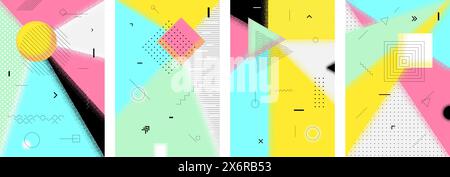 Abstraktes Poster im Retro-Look im minimalen Stil für den Sommer. memphis geometrische Sonne mit Vintage-Muster. Sommerzeit bauhaus Vibes Vorlage für grafisches Muster. Moderne, trendige, minimalistische, asymmetrische Kunstwerke der Saison Stock Vektor