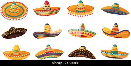 Mexikanischer Sombrero. Charro Cowboy und Mariachi Musiker Hüte, Cinco de Mayo fiesta Party Dekorationen Cartoon Vektor Set Stock Vektor