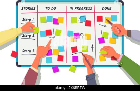 Scrum Board mit Teamhänden. Workflow für Aufgabenverwaltung, agile Methodik und teamwork-Cartoon-Vektor-Illustration Stock Vektor