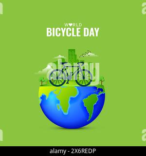 World Bicycle Day kreative einzigartige grüne natürliche umweltfreundliche Konzeptidee. Gehen Sie grün und retten Sie die Umwelt. Fahrrad Grün Stock Vektor