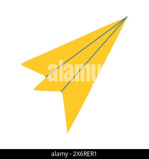Karikaturpapier Ebene in Gelb isoliert auf weißem Hintergrund. Symbol für soziale Netzwerke. Vektorabwicklungsdarstellung. Handgezeichnetes Flugzeug, Origami-Konz Stock Vektor