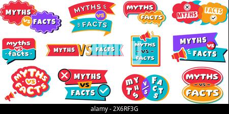 Abzeichen „Mythen vs. Fakten“. Mythos- und Faktensprachblasen, Flaggen und geometrische Rahmen mit versus-Tag. Emblems Vektorsatz Stock Vektor