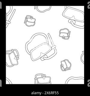 Einfarbige Sport Schnorchelmaske nahtloses Muster. Tauchausrüstung Vorlage, Schwarz-weiß-Umriss oder lineare Vektorillustration, Hintergrund Stock Vektor