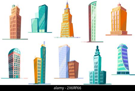 Zeichentrick-Wolkenkratzer. Städtische Gebäude, hohe Architektur und städtische Immobilien isolierte Vektor-Illustration Set Stock Vektor