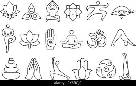 Line Yoga Symbole. Meditation Posts Line Art, Zen Steine, Lotusblume und Energie Chakra spirituelle Symbole Vektor Illustration Set Stock Vektor