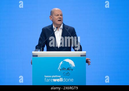 Mannheim, Deutschland. Mai 2024. Bundeskanzler Olaf Scholz (SPD) nimmt an der Abschiedsfeier von SAP-Mitbegründer Plattner Teil. Quelle: Marijan Murat/dpa/Alamy Live News Stockfoto