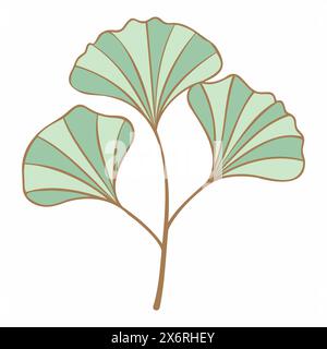 Ginkgo biloba Zweig mit Blättern mintgrün und goldfarben. Minimalistischer Stil. Für die Gestaltung von Logos, Einladungen, Postkarten, Drucken auf T-Shirts. Vektorabbildung Stock Vektor