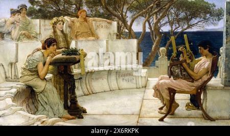 Sappho und Alcaeus des niederländischen Künstlers Sir Lawrence Alma-Tadema (1836–1912) gemalt 1857. Sappho und ihre Gefährten hören, wie der Dichter Alcaeus auf der griechischen Insel Lesbos ein Kithara spielt und Gedichte rezitiert. Quelle: Walters Art Museum / Universal Art Archive Stockfoto