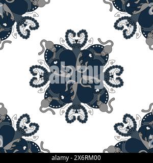 Nahtloses Muster. Cat Mandala. Katzen dehnen und Katzen schlafen. Blau und Grau. Stock Vektor