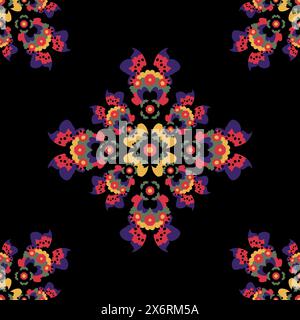 Nahtloses Muster. Mandala mit Herzen und Blumen. Hübsche Farben. Stock Vektor