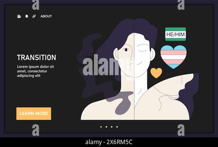 Gender Transition Web oder Landing. Wahres Ich auf der Reise des Kommens. Geschlechterdysphorie, neue Identitätsannahme und Empowerment. Illustration des flachen Vektors Stock Vektor