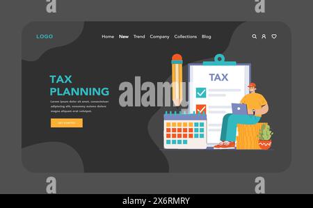 Optimiertes Steuerplanungskonzept. Eine Einzelperson organisiert Steuern mit einem Laptop, mit einer riesigen Checkliste und einem Kalender, der die rechtzeitige Einreichung anzeigt. Illustration des flachen Vektors Stock Vektor