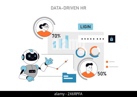 Datengesteuertes HR-Konzept Ein benutzerfreundlicher Roboter präsentiert Analysen zur Mitarbeiterleistung sicherer Anmeldeprozess für HR-Systeme Vereinfachung von HR-Aufgaben durch Automatisierung Vektor-Illustration Stock Vektor